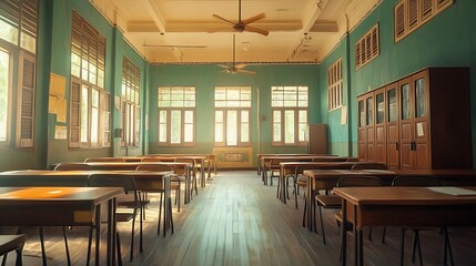 Empty Classroom With Wooden Desks