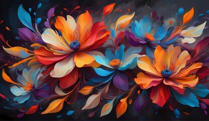 Abstract Floral Composition with Flowing Petals in Bold Colors