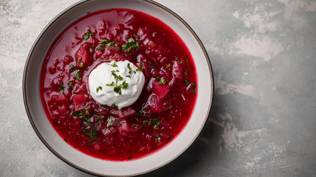 Bowl of borscht with sour cream and herbs.