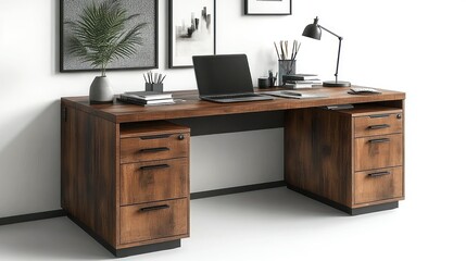 A professional home office featuring a standing desk, laptop, and inspirational decor on a white background.