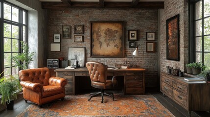 A rustic home office with exposed brick walls, cozy lighting, and a leather chair.