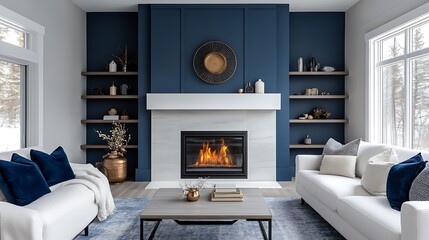 Minimalist living room with a fireplace