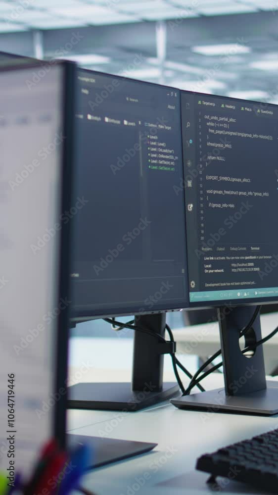 Poster close up of code on computer screens in server hub used for data processing requirements of artifici