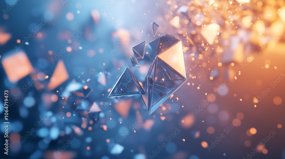 Poster abstract geometric shapes floating in a vibrant blue and orange gradient environment during a digita