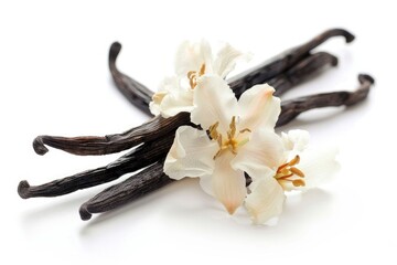 Vanilla beans and beautiful flowers arranged on a white background