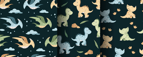 Set of Seamless Patterns with cute dinosaurs in flat style. Repeating background with baby dinosaur and footprints. Kiddie background for fabric, wallpaper, wrapping paper, scrapbooking, etc. © Siawi_art