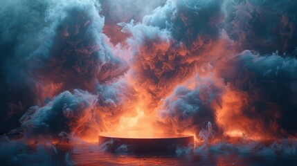 Fototapeta premium A large cloud of smoke is rising from a fire, with a small. Generative AI