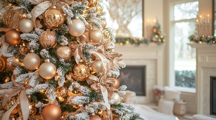 A Christmas tree adorned with sparkling ornaments and ribbons in a winter wonderland.