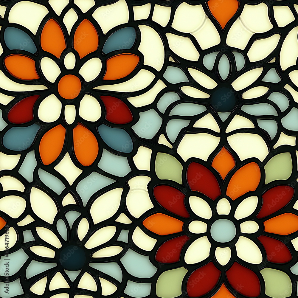 Poster seamless pattern: abstract stained glass window design featuring colorful floral patterns in a repea