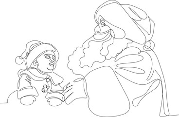 Outlined Cute Santa Claus Cartoon Character With A Sack Full Of Gifts. Vector Hand Drawn Illustration. One continuous line drawing Santa Claus on reindeer and sled. concept for Christmas and New Year