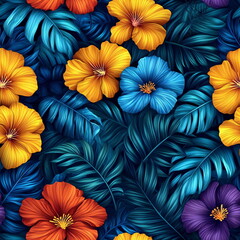 Vibrant tropical flowers in shades of yellow, orange, blue, and purple against a backdrop of lush green leaves. A vibrant and colorful seamless pattern perfect for adding a touch of tropical flair