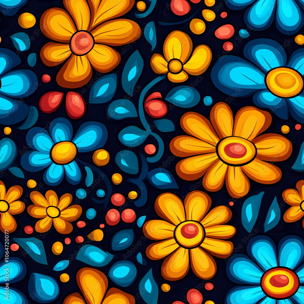 Poster seamless pattern: a vibrant and colorful floral pattern with a dark background featuring yellow and 