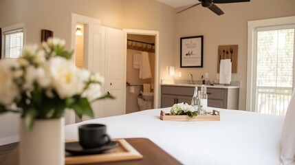 Fototapeta premium Cozy bedroom with elegant decor and serene atmosphere showcasing a well-prepared tray of refreshments and fresh flowers