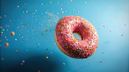Pink donut with colorful sprinkles soaring through the sky, donut, pink, flying, sprinkles, dessert, sweet, treat, bakery