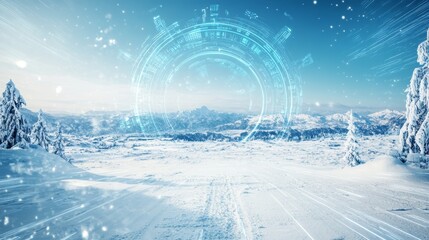 Cyber winter background featuring a snowy landscape with futuristic elements and ample copy space for text