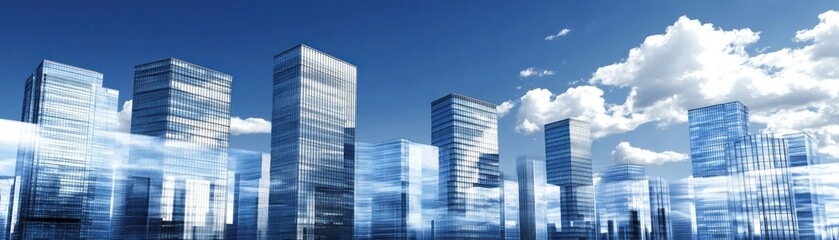 Obraz premium A modern city skyline featuring glass skyscrapers under a blue sky with clouds.