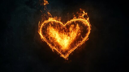 Fiery heart shape glowing intensely on a black background representing warmth and strong emotions in a striking artistic interpretation