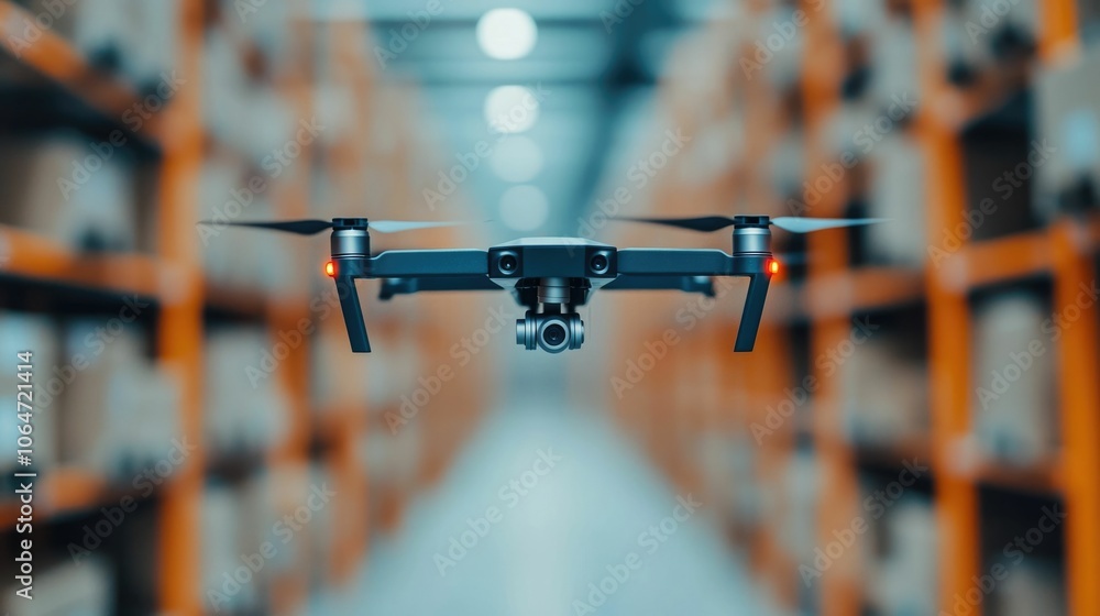 Poster automated warehouse drones scanning shelves for a futuristic logistics solution with deep depth of f
