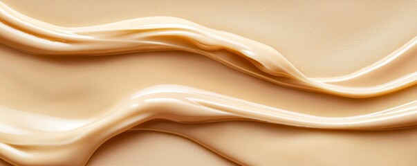 Obraz premium Close-up texture of smooth beige foundation flowing in soft waves, with a hint of gloss and moisture drops