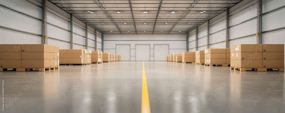 Poster wide view of a clean well organized warehouse interior with neatly stacked pallets efficient space m