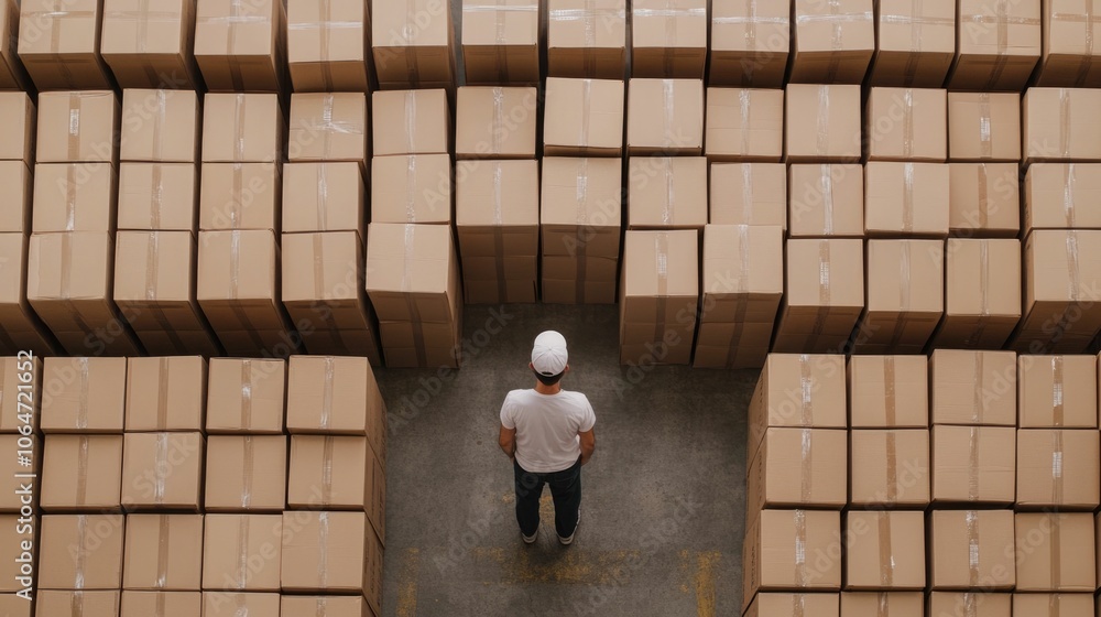 Poster warehouse worker carefully arranging categorized inventory boxes in a neat and systematic manner for