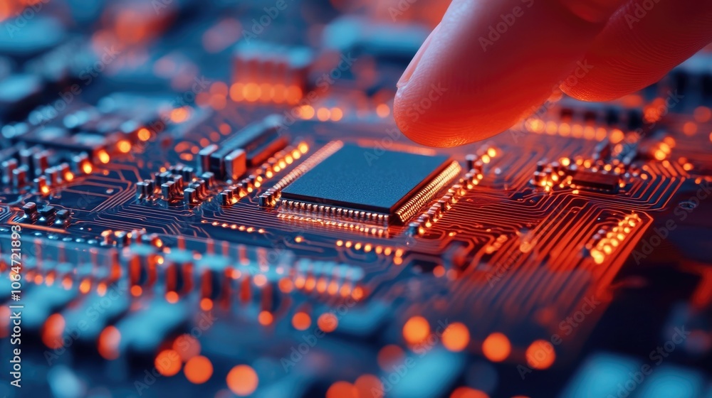 Poster closeup view of a factory worker carefully examining electronic parts for assurance on a production 