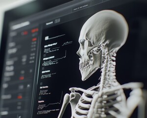 Digital healthcare analysis screen with 3D human skeleton and vital signs, advanced medical technology