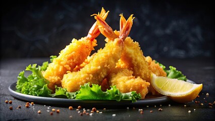 Shrimp in tempura with lemon slices and salad on a black background with reflection, shrimp, tempura, lemon slices