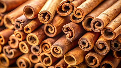 Close up view of cinnamon sticks, pile of aromatic spice for cooking and baking, cinnamon, sticks, spice, close up, heap
