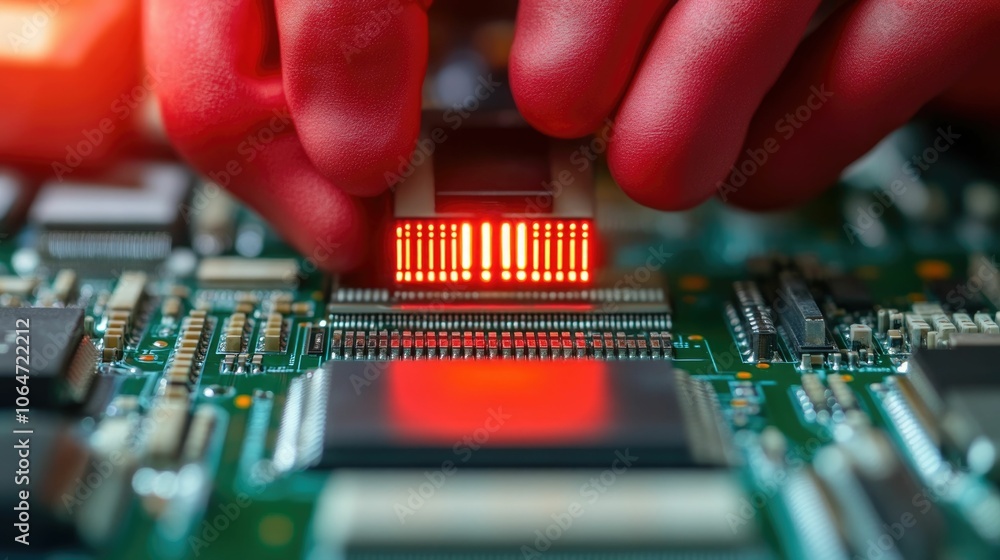 Poster a team of skilled technicians meticulously assembling advanced electronic devices with strict contro