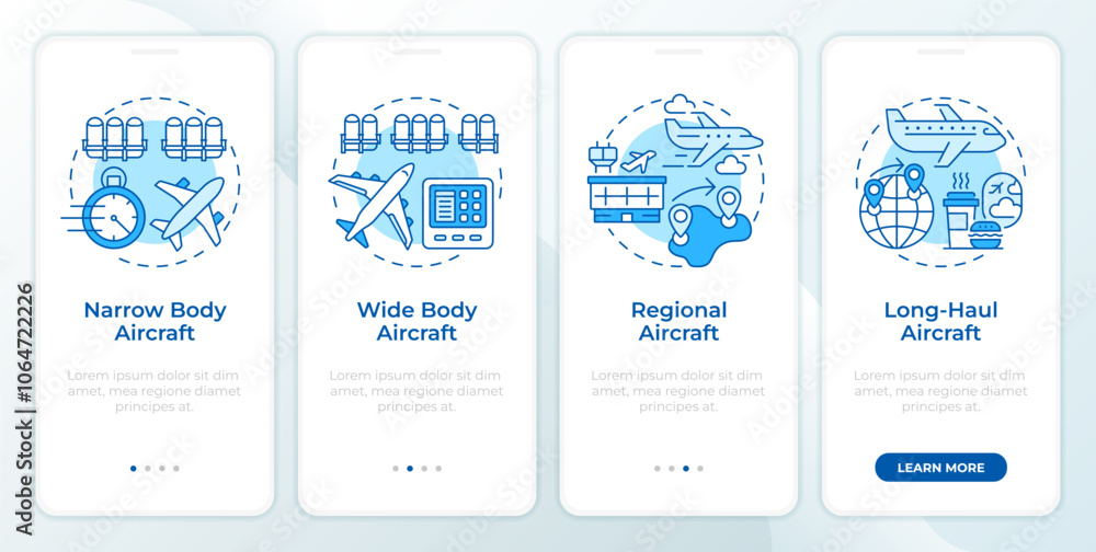 Poster aircraft types blue onboarding mobile app screen. walkthrough 4 steps editable graphic instructions 