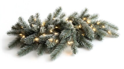 Festive Christmas Fir Tree Branch with Sparkling Garland and Glowing Lights on White Background