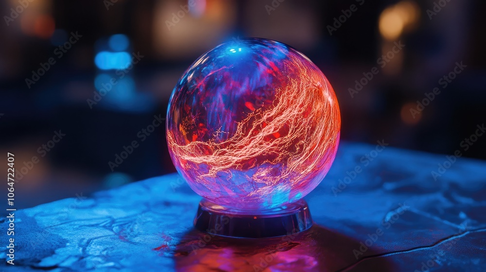 Poster energy orb: a captivating energy orb pulses with vibrant red and blue plasma, resting on a stone sur