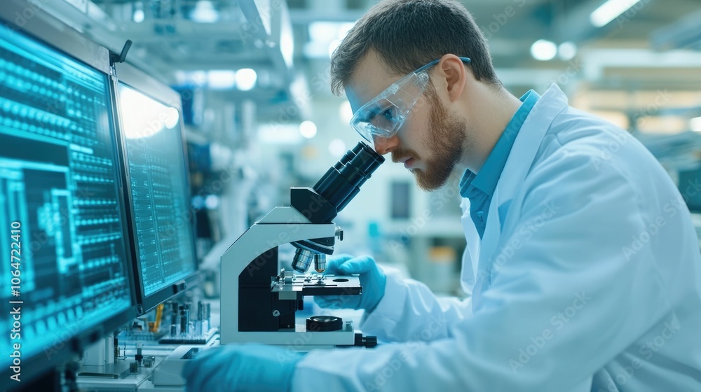 Poster close up of a worker using a microscope to carefully inspect the and details of small electronic com