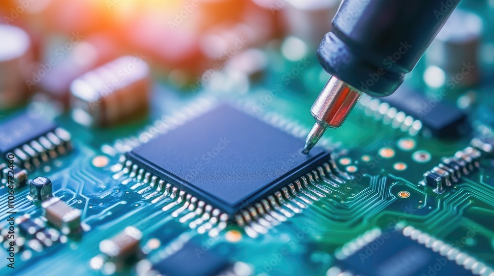 Poster focused view of electronics assembly line workers meticulously soldering circuit boards ensuring con