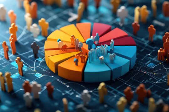 Market segmentation analysis with pie charts and demographic icons, precise targeting, 3D illustration
