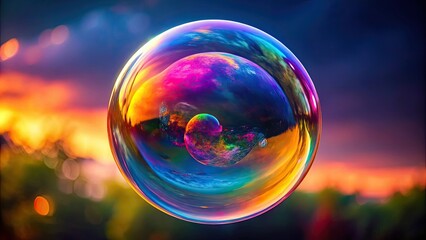 Iridescent bubble floating in the air, mesmerizing colors, iridescent, bubble, holographic, rainbow, spherical, render