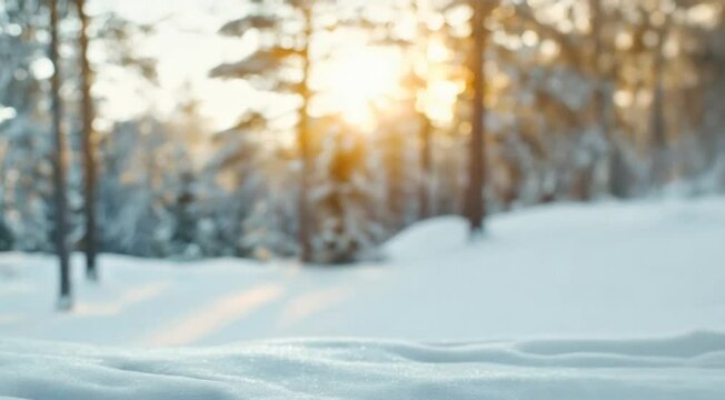 Winter forest landscape with snow covered trees and white blanket. Snow slowly falling