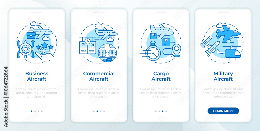 Poster aircraft categories types blue onboarding mobile app screen. walkthrough 4 steps editable graphic in