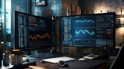 Fototapeta premium Portfolio analysis on digital screens with investment charts, organized and professional, 3D illustration