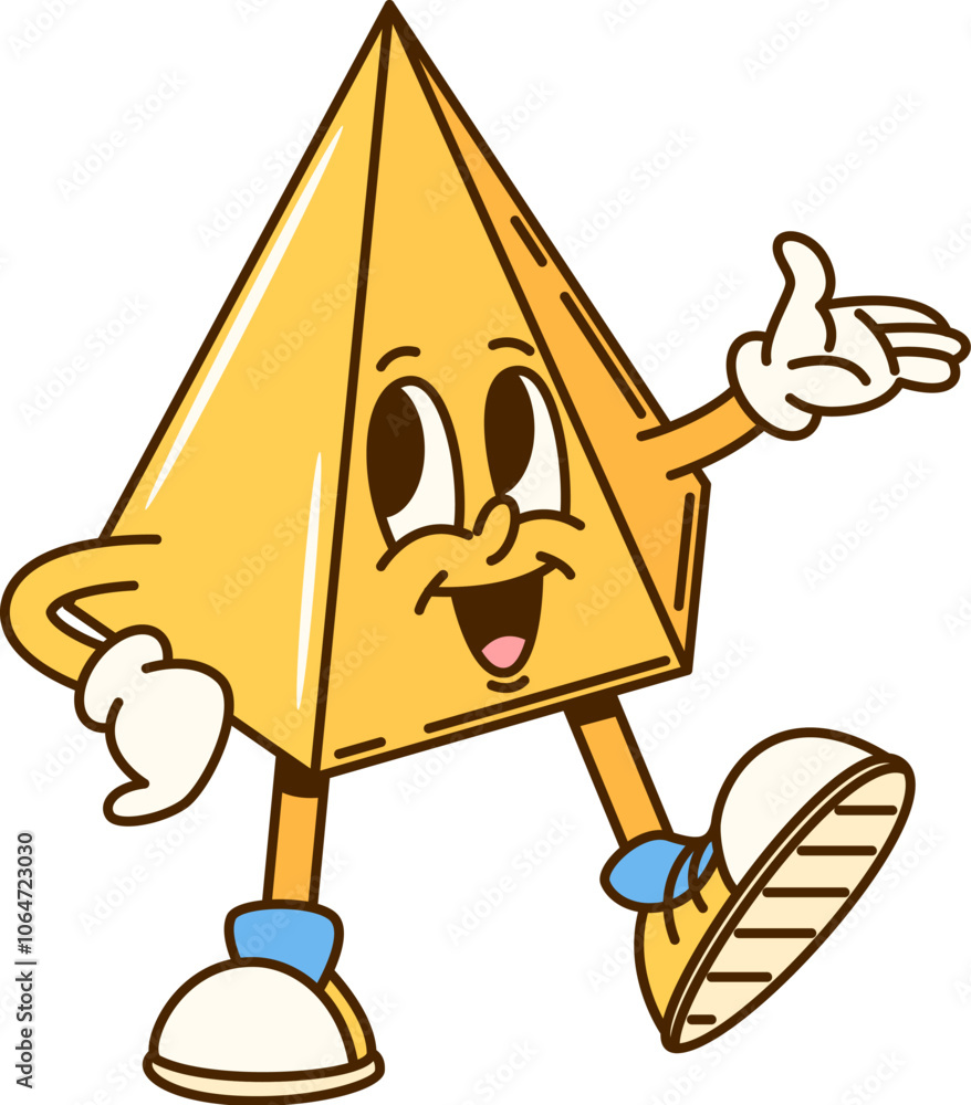 Aufkleber cartoon groovy math geometric hexagonal pyramid figure character. isolated vector playful educationa