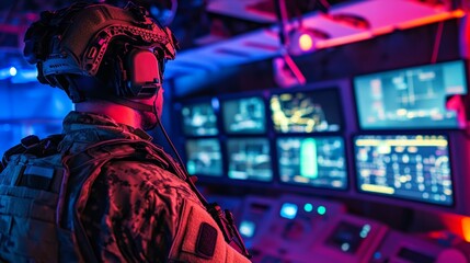 Obraz premium Military operator in a neon-lit command center tactical gear visible viewing a strategy-filled control room with screens