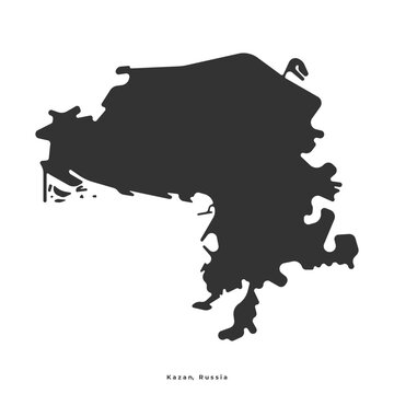 Vector isolated simplified illustration with authors vision showing black silhouette of Kazan map, city and capital Republic of Tatarstan, Russia. White background
