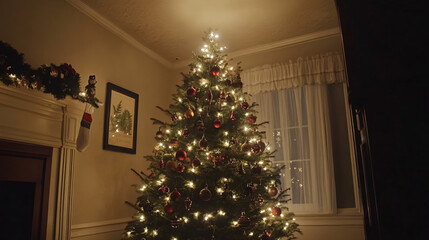 A Christmas tree decorated with traditional ornaments and a warm glow from the lights.A Christmas tree decorated with traditional ornaments and a warm glow from the lights.