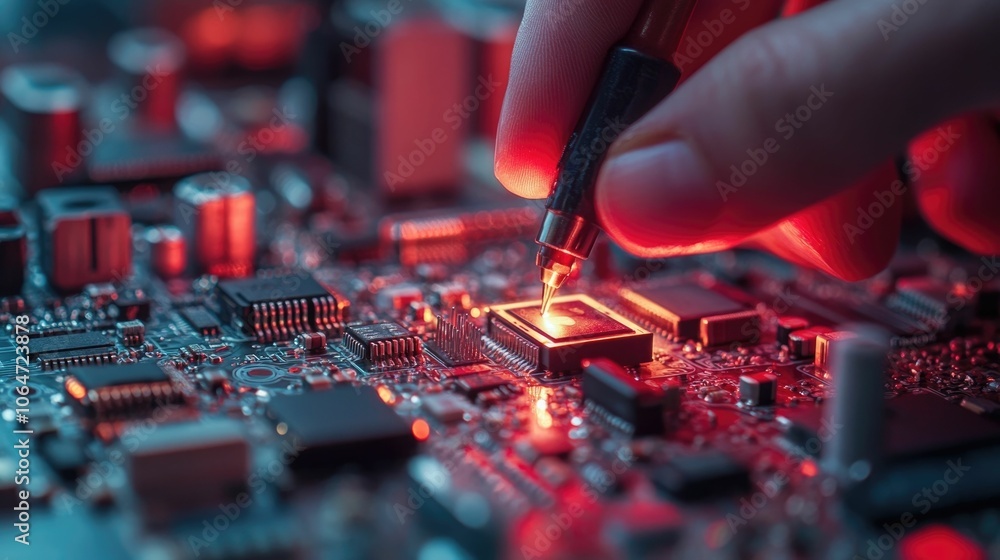 Poster close up view of a worker s skilled hands carefully and precisely assembling electronic components o