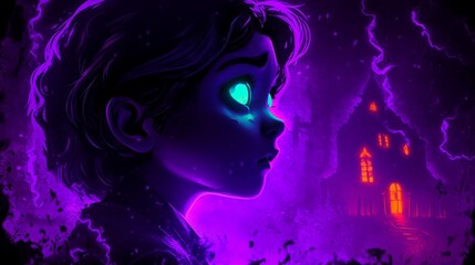 Glowing mystical child gazes at enchanted neon house in night scene