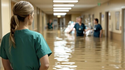Nurse observing a flooded hospital corridor her expression alert as colleagues in the background focus on providing emergency care to patients