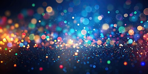 Colorful particles floating in the air or liquid with bokeh light effects on dark blue background. render