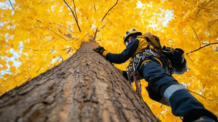 Professional arborist in full safety gear climbing a tall maple tree with vibrant yellow autumn leaves ready for pruning or removal