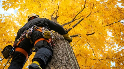 Professional arborist in full safety gear climbing a tall maple tree with vibrant yellow autumn leaves ready for pruning or removal
